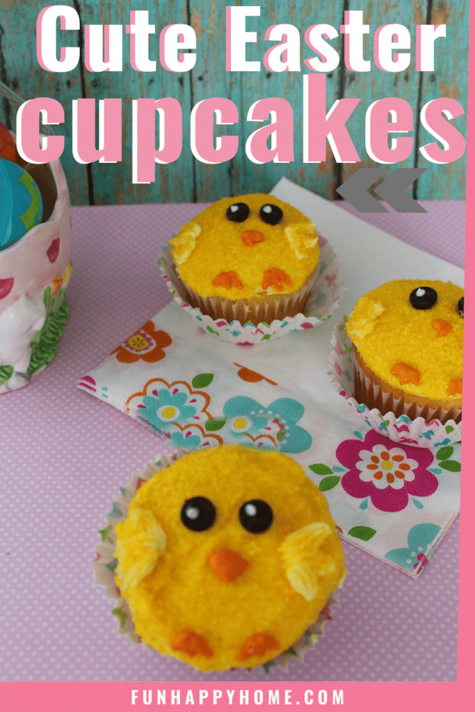 adorable Easter chick cupcakes made with chocolate chip eyes and frosted with yellow frosting and yellow sugar sprinkles These cute Easter cupcakes have an orange beak and feet