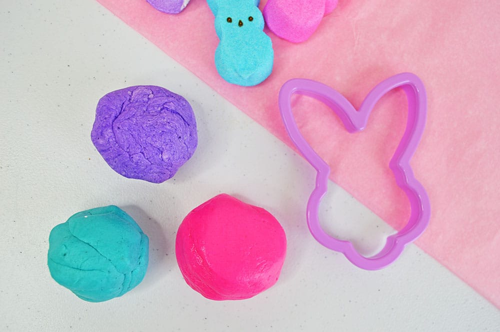 Peeps playdough with peeps marshmallow bunnies and a bunny cookie cutter