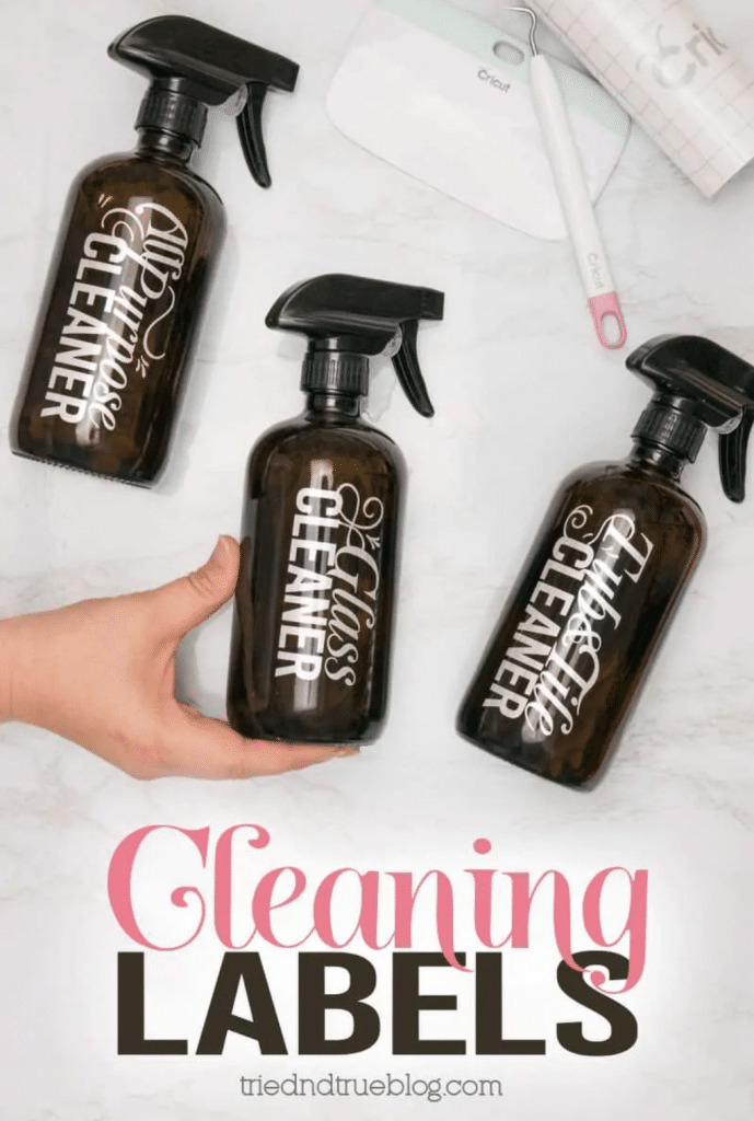 Amber Bottles with adorable cleaning labels cut with a Cricut machine