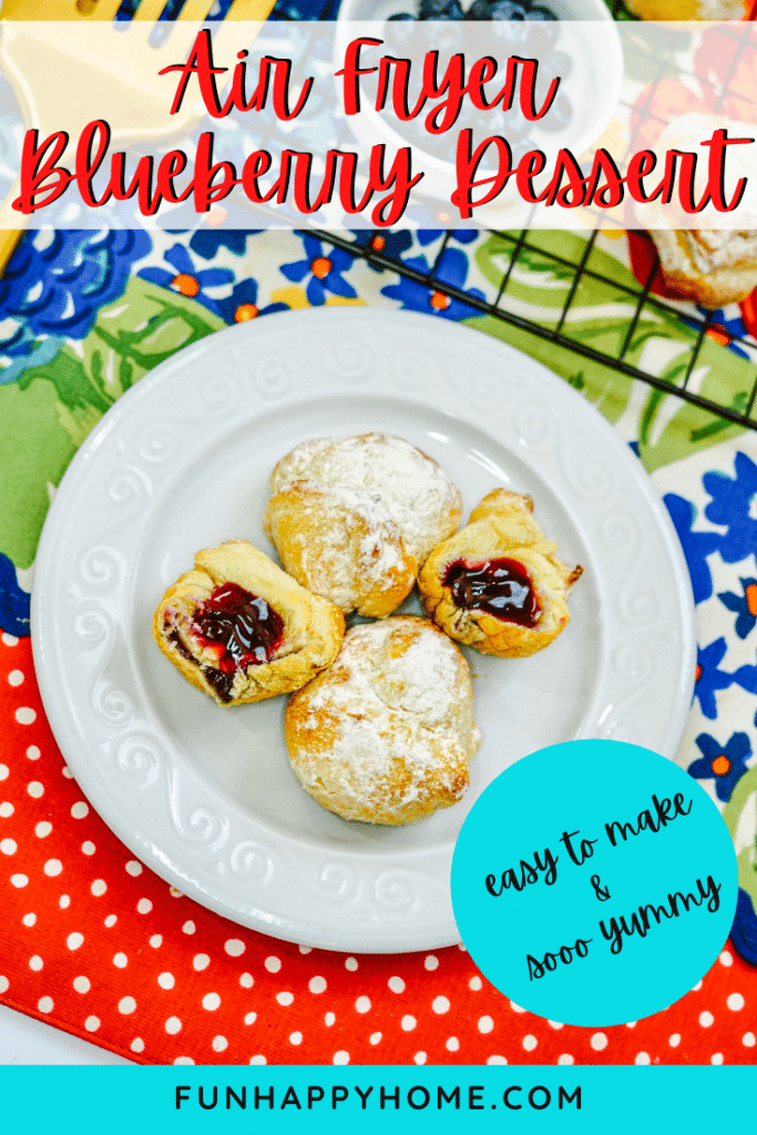 This Air Fryer Blueberry Dessert is made from crescent rolls, blueberry pie filling and powdered sugar and is made in the Air Fryer. It's shown on a white plate.